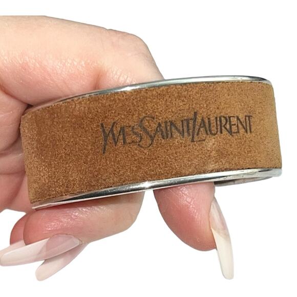 AUTH VTG Yves Saint Laurent YSL Sterling Silver Suede Leather Logo Cuff Bracelet - Picture 3 of 16